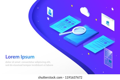 Magnifying glass and Data Analysis on smartphone concept. Flat and isometric style design