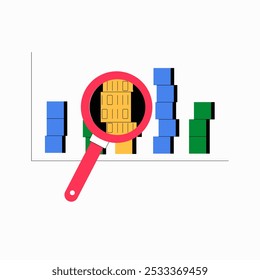 Magnifying Glass And Data Bars In Flat Vector Illustration Symbolizing Data Analysis, Market Research, And Business Insights, Isolated On White Background