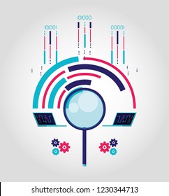 magnifying glass with data center and circuits