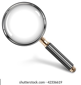 Magnifying glass for detailed image with black handle, vector illustration