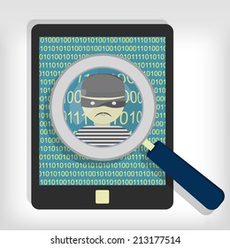 A magnifying glass detected a hacker (thief) on tablet. Hacker detected on tablet
