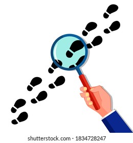 The magnifying glass detective is following in the black footsteps. Vector illustration