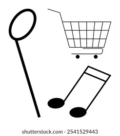 Uma lente de aumento com uma linha diagonal, notas musicais e um carrinho de compras formam um design simbólico simples. Ideal para pesquisa, pesquisa, música, compras, tecnologia