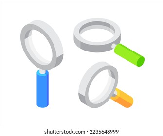 Magnifying glass at different angles. Flat, 3d, vector, isometric, cartoon style illustration isolated on white background