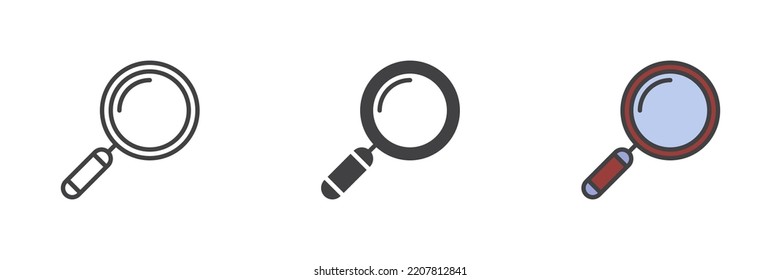 Magnifying glass different style icon set. Line, glyph and filled outline colorful version, outline and filled vector sign. Search symbol, logo illustration. Vector graphics