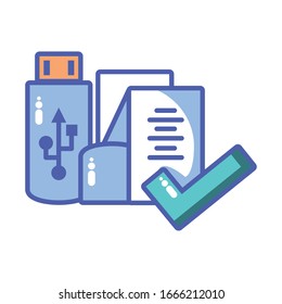 magnifying glass with digital objects in white background vector illustration design