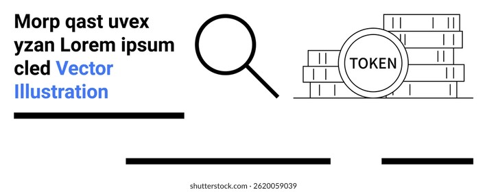 Magnifying glass, digital token, text elements, and horizontal lines. Ideal for financial content, cryptocurrency websites, fintech blogs, educational materials, marketing collateral, business