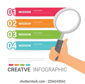 Magnifying glass divided into 4 parts. Simple infographic design template. Problem analyzing and searching for answer concept. 