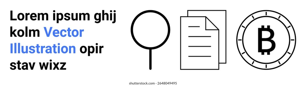 Lupa, documento, símbolo Bitcoin e texto de amostra em preto e azul. Ideal para criptomoeda, pesquisa, análise, documentação, blockchain, educação, marketing e design instrucional