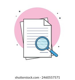 Magnifying Glass with Document Paper Vector Illustration. Evidence Analysis Concept Design.