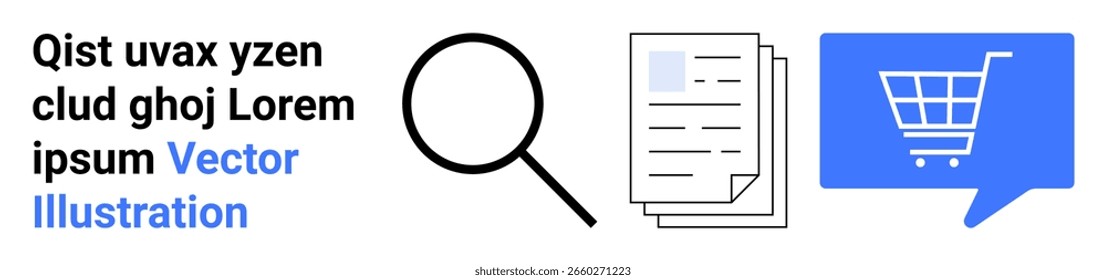 Magnifying glass, document stack, shopping cart symbol. Ideal for business analysis, document management, data review, market research, e-commerce, online shopping, retail. Landing page