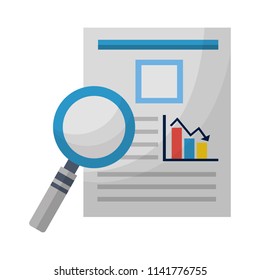 magnifying glass with documents files of statistics bars graphic