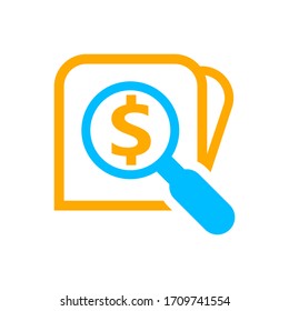 magnifying glass with dollar currency money search icon, dollar coin with magnifying glass for button app, research icon blue on orange wallet, dollar money symbol in search symbol isolated on white