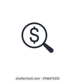 Magnifying glass and dollar. How much does it cost. Vector icon isolated on white background.