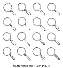Magnifying Glass Doodle vector icon set. Drawing sketch illustration hand drawn line.