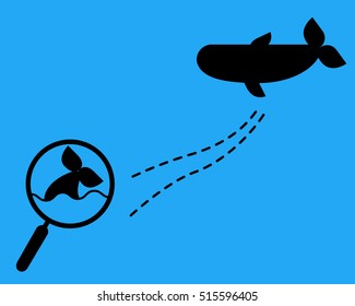 Magnifying glass with dotted line and whale. Flat style.