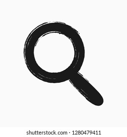 Magnifying glass drawn by hand with a rough brush. Search icon. Sketch, watercolour, grunge, paint, graffiti. Black symbol isolated on white background. Vector illustration.