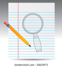 lupa dibujada sobre papel de cuaderno con lápiz