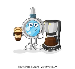the magnifying glass drinking coffee illustration. character vector