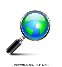 Magnifying glass with earth globe isolated on white background vector