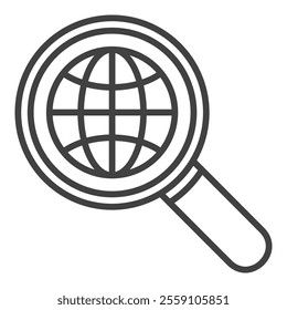 Magnifying glass with Earth Globe vector concept icon or symbol in outline style