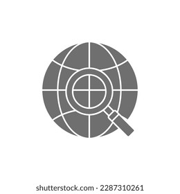 Magnifying glass with Earth globe, world search, earth with loupe grey fill icon. Global technology, internet, social network symbol design.
