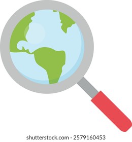 Magnifying glass with the Earth inside the lens, focusing on North and South America. Symbolizes global exploration and analysis. Research and discovery.