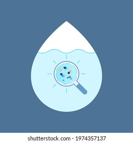 Magnifying glass enlarge microplastic particles floating in the water. Microplastic pollution in marine environment. Vector illustration outline flat design style.