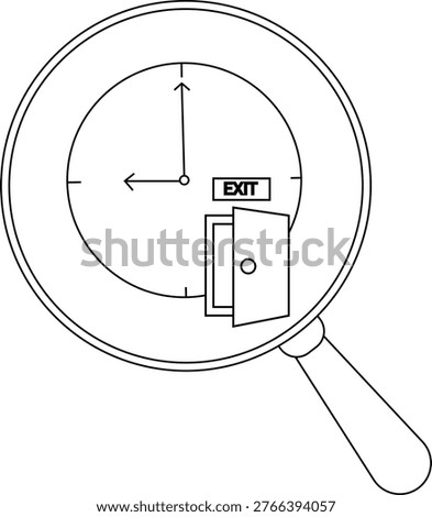 A magnifying glass enlarges a clockface with an exit sign and a door opening