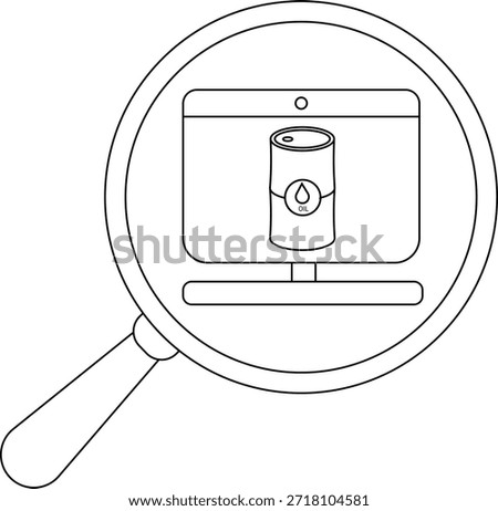 A magnifying glass enlarges a computer screen displaying a container labeled OIL