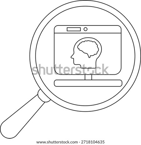 A magnifying glass enlarges a computer screen displaying a brain in a human head profile