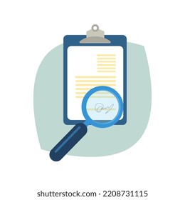 The magnifying glass enlarges the signature on the document. Vector illustration.