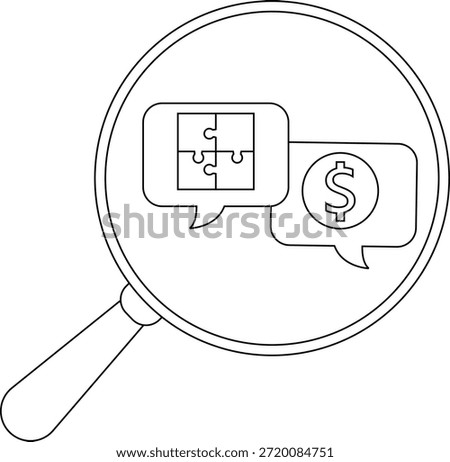 A magnifying glass enlarges speech bubbles containing a dollar sign and a puzzle