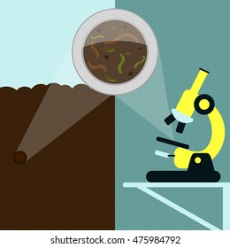 Magnifying glass enlarging earthworm and other insects on the earth. Soil sample being analyzed under the microscope in the laboratory.