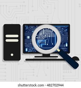 Magnifying glass enlarging the electronic circuit on the computer monitor. Showing the computer board.