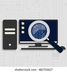 Magnifying glass enlarging the electronic circuit on the computer monitor showing the operating system.