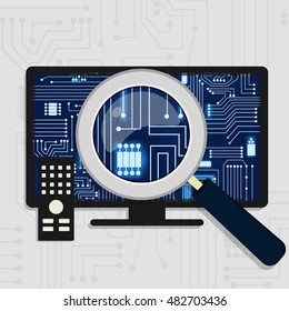 Magnifying glass enlarging the electronic circuit on the tv monitor. Showing the television board.