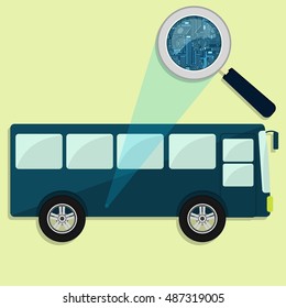 Magnifying glass enlarging electronic circuit of bus. Concept.