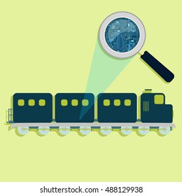 Magnifying glass enlarging electronic circuit of train. Concept.