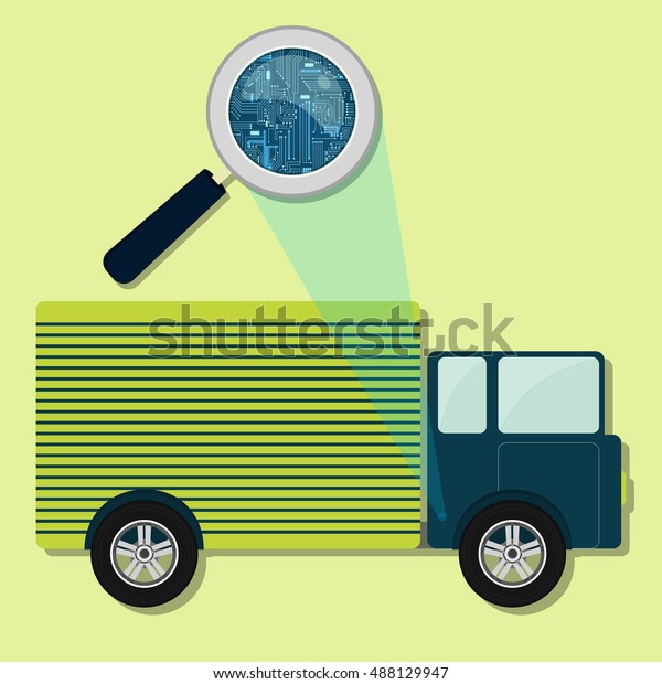 Magnifying glass enlarging electronic circuit of\
truck. Concept.