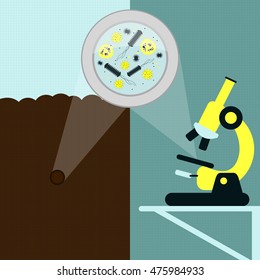 Magnifying glass enlarging the microorganism, bacteria and virus on the earth. Soil sample being analyzed under the microscope in the laboratory. Background with lines and texture.