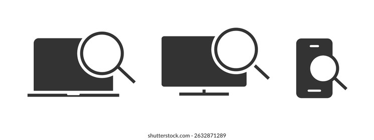 Magnifying glass examine desktop computer pc screen icon solid vector, test find analysis laptop and cell phone smartphone sign symbol minimal design, cellphone audit web view image clip art