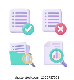Magnifying glass to examine documents. File search. 3d vector illustration.
