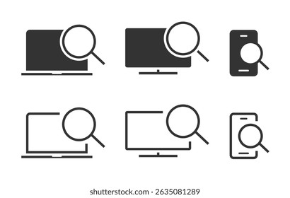Lupe Glas untersuchen solide Desktop-Computer PC Bildschirm Linie Strich Art Symbol Vektor, minimale Suche Test finden Analyse Laptop-Zeichen, Handy Smartphone lineares Symbol, Handy Audit Web-Ansicht