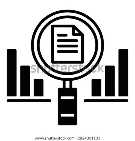 Magnifying glass examines document amidst bar charts, symbolizing data analysis and research