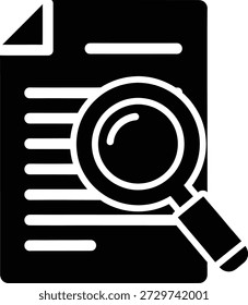 A magnifying glass examines a document representing thorough data analysis and information search, icon arranged in a clean, perfectly aligned grid, flat vector design, solid black color, consistent stroke and proportions, fully editable EPS vector format, no gradients, no shadows, no text