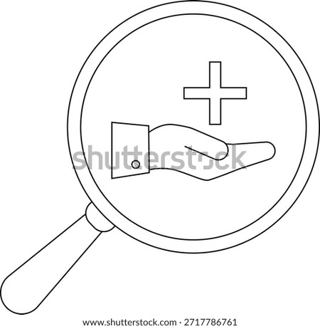 A magnifying glass examines a hand with a plus sign above it