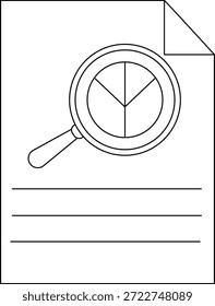 La lupa examina un gráfico circular en una hoja de papel con tres líneas debajo y una esquina doblada en la parte superior