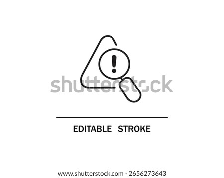 Magnifying glass examines triangle alert, attention needed, editable stroke line art