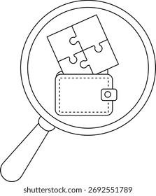 Magnifying glass examines a wallet with puzzle pieces resting on top conveying scrutiny of financial issues